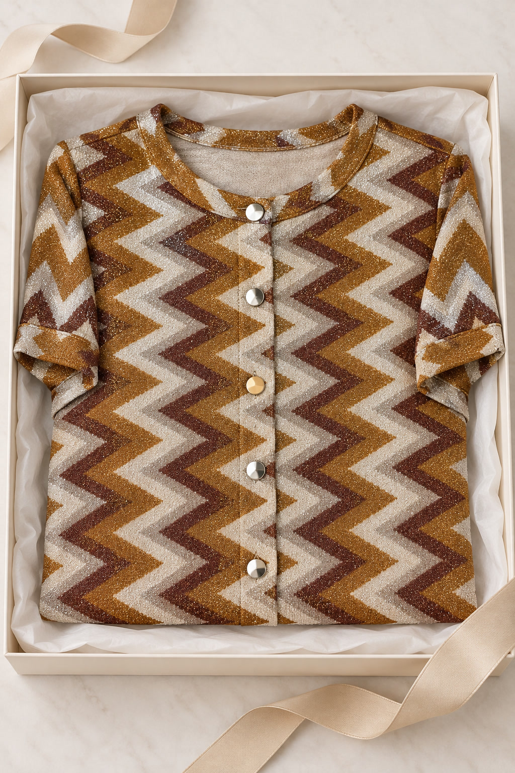 Blusa de manga corta con botones y zigzag brillante Rylee Moon - talla L - Imagen 4