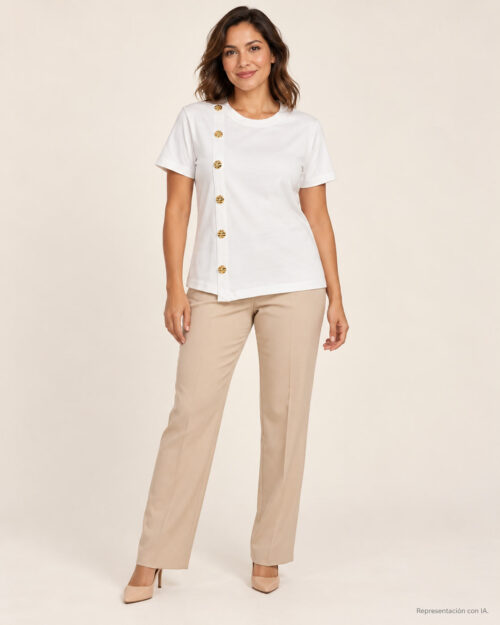 Blusa de manga corta con fila lateral de botones dorados del RĀ - talla L