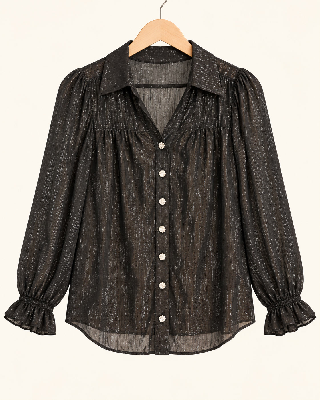 Blusa de manga larga con brillo y botones tipo joya Bobeau - talla XS - Imagen 2